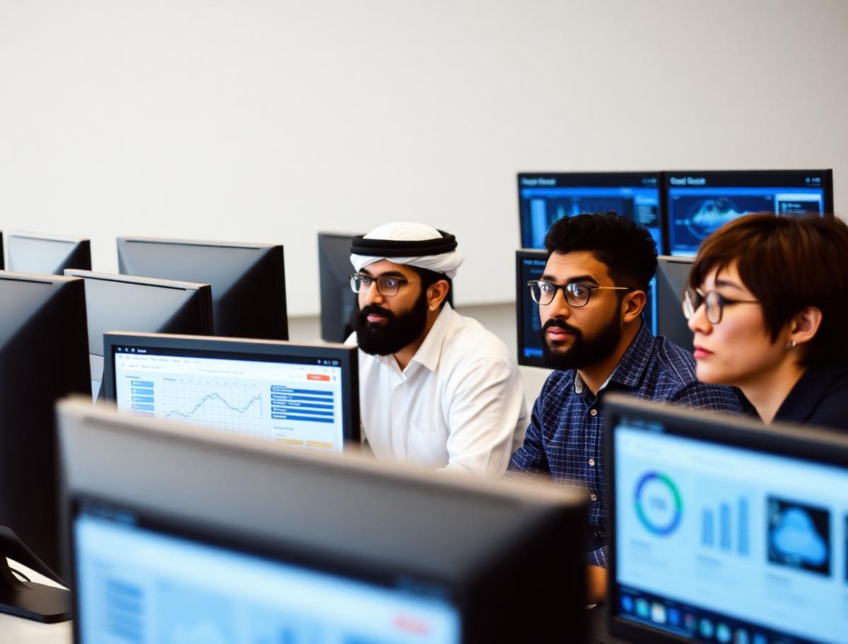 Engineer monitoring cloud and data dashboards on multiple screens